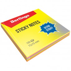 Бумага для заметок Berlingo "Ultra Sticky", 75*75мм, 100л, 4 неоновых цвета